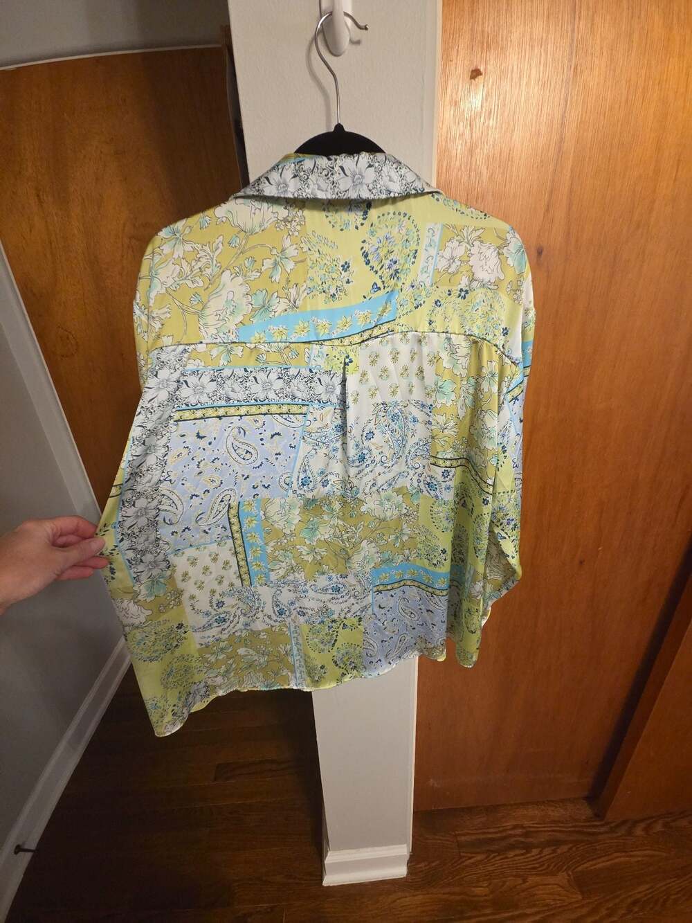 Zara Satin Paisley Patchwork Boho Chic Long Sleeve Button Down Shirt, size XXL - Picture 7 of 8
